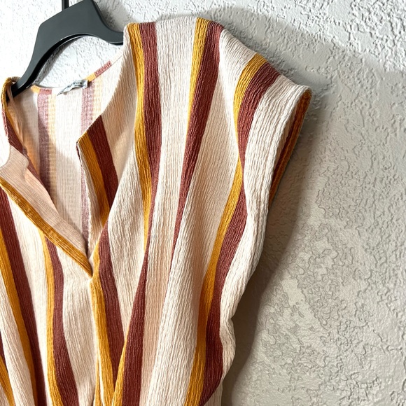 Zara Trafaluc Stripe Boho Crop Tops Blouse Casual Yellow Mustard Beige Burnt Red - Picture 3 of 4